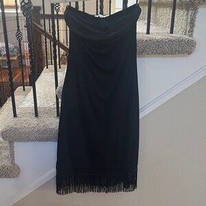 White House Black Market Elegant Black Garment XS Strapless with fringe hem